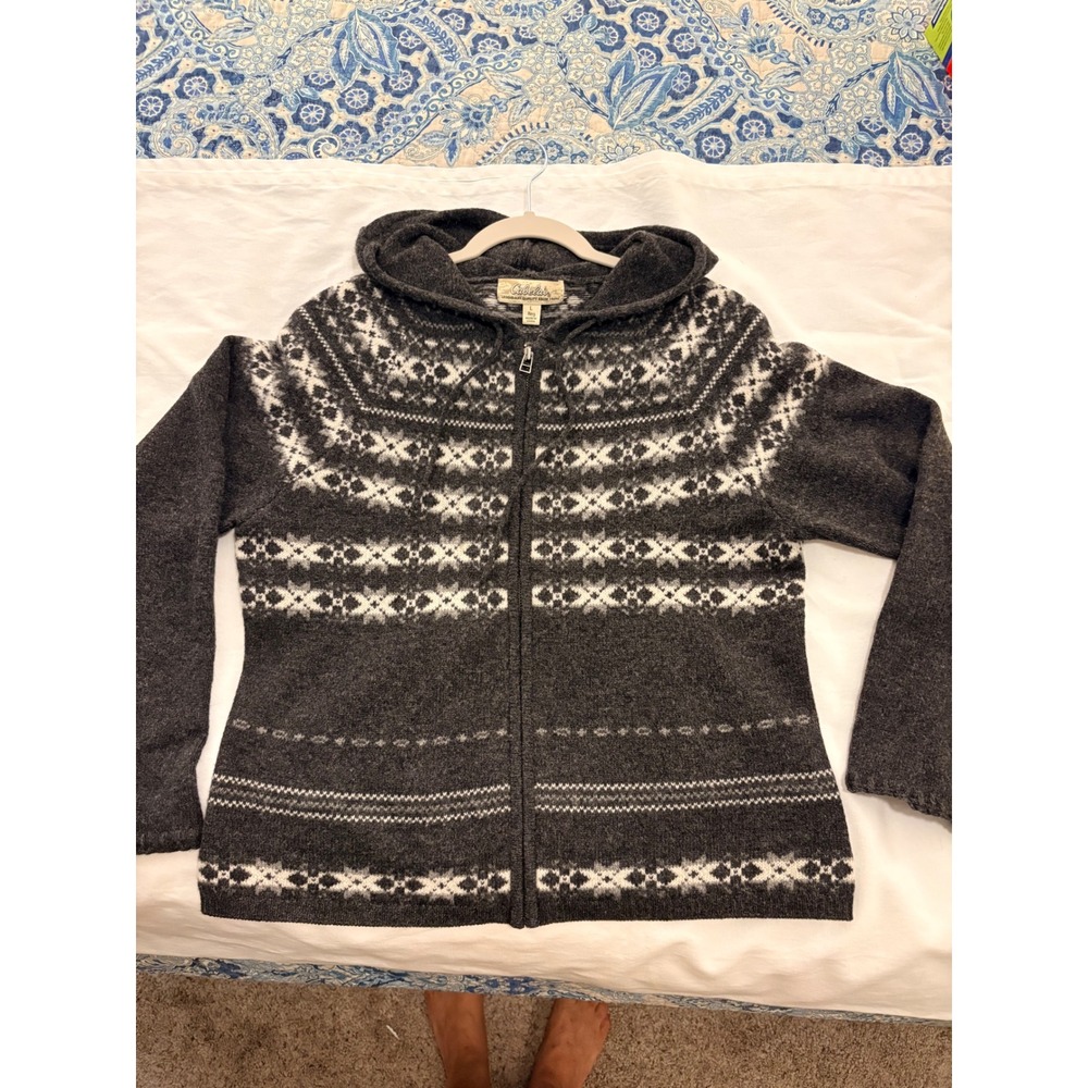Cabelas Womens Gray Wool Fair Isle Full Zip Hooded Sweater Snowflake Large